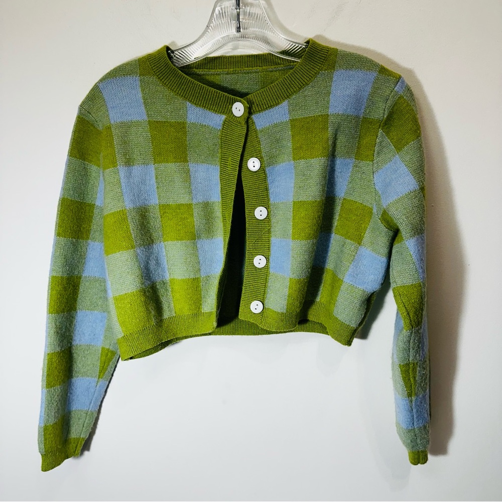Dazy Checkered Cropped Cardigan Sweater Small Green